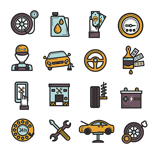 Auto service icon set with tire engine battery repair isolated vector illustration