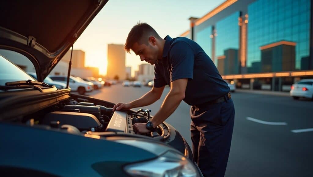A mobile mechanic working on a car in Las Vegas, performing a quick oil change.